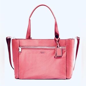 Tumi Voyageur Maggie Nylon Leather Trim Laptop Tote Crossbody Bag pink coral